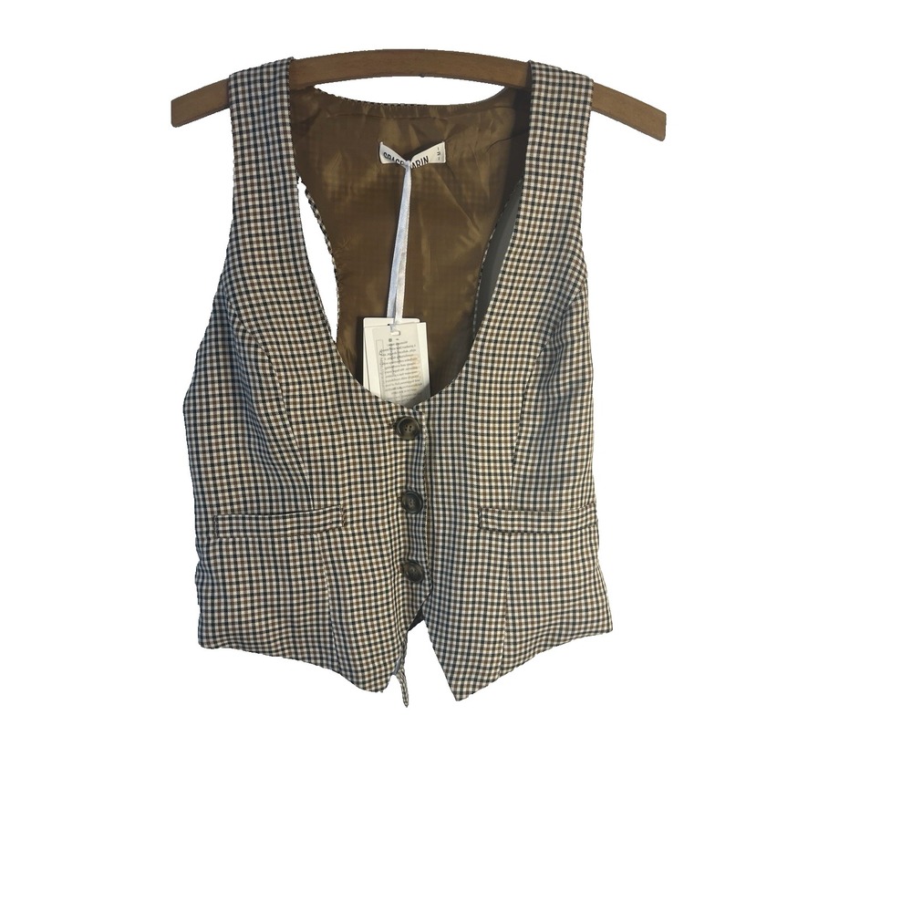 Grace Karin Vest Classy Dressy Preppy Sleeveless Plaid Steampunk Women M NWT
